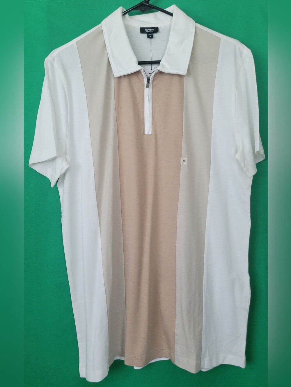 Express Men White Beige Vertical-Panel Zip Polo Color Block Perfect Pima Cotton